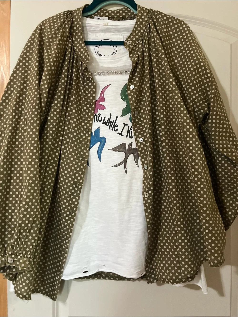Jaded Gypsy oversized olive green white polka-dots versatile. Boho Raw Hems OS - Picture 10 of 10